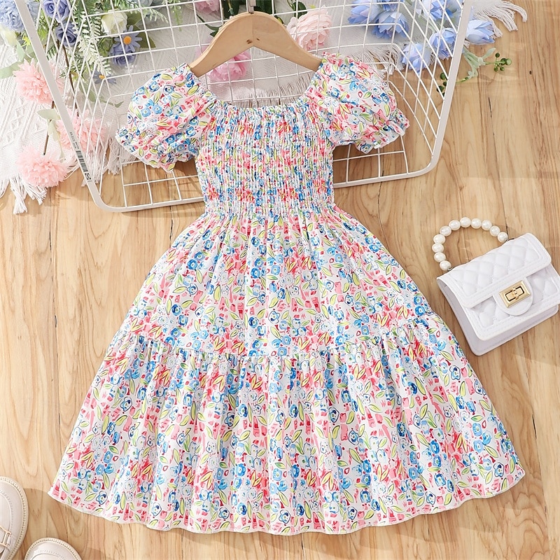 Kids Girls' Dress Floral Short Sleeve Outdoor Casual Fashion Adorable 100% Cotton Knee-length Casual Dress A Line Dress Summer 4 years+ Pink Red Blue2