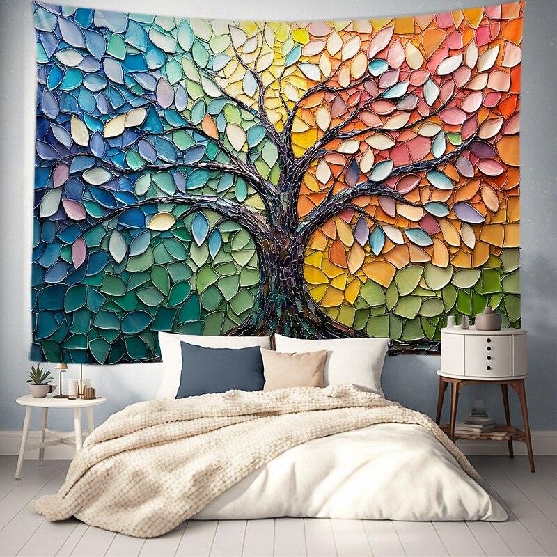 Tree of Life Hanging Tapestry Wall Art Large Tapestry Mural Decor Photograph Backdrop Blanket Curtain Home Bedroom Living Room Decoration Stained Glass Style2