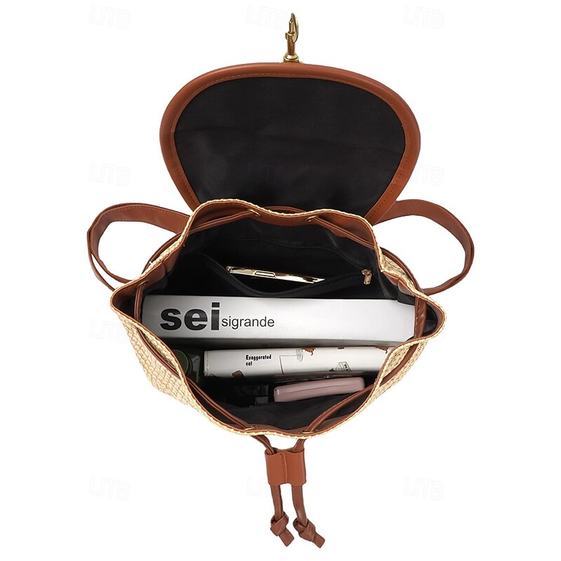 Straw Backpack for Women – Boho Woven Rattan Travel Bag with Leather Straps, Chic Summer Beach Rucksack, Casual Vacation & Daily Use Handbag White Pink Brown4