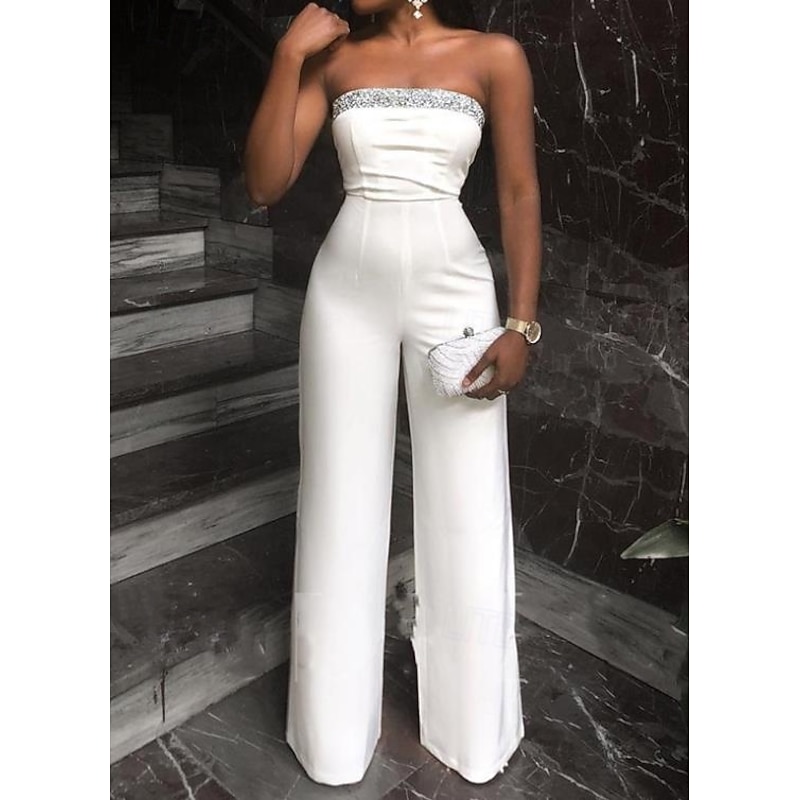 Jumpsuits Elegant Dress Wedding Guest Prom Floor Length Sleeveless Strapless Stretch Fabric with Sequin Pure Color3