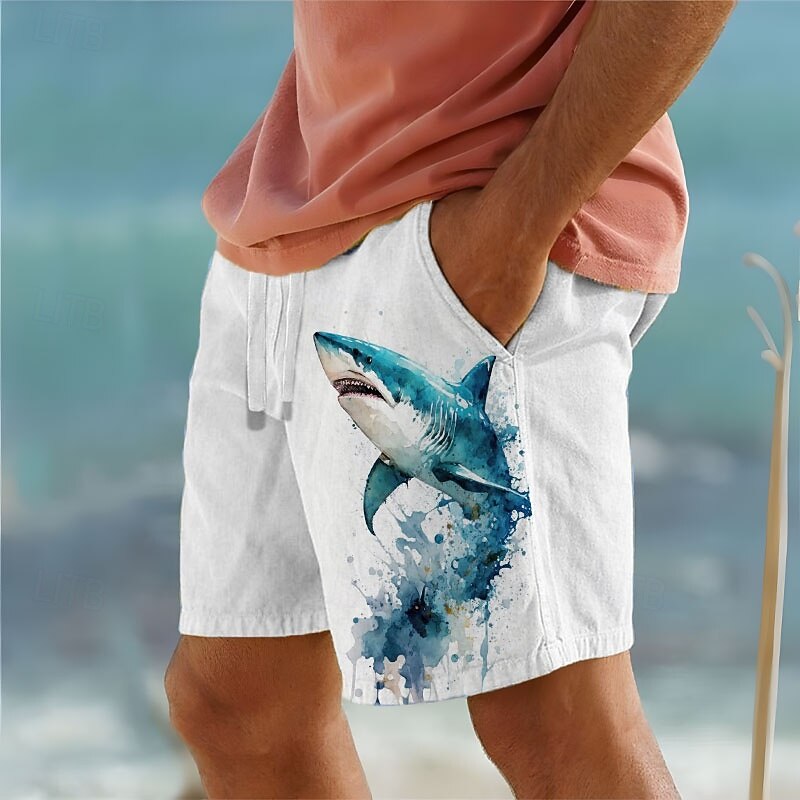 Men's Shark Sea Creatures Cotton Linen Shorts Shorts Mid Waist Hawaiian Vacation Dailywear Holiday Drawstring Pocket Elastic Waist Designer Clothing Apparel3