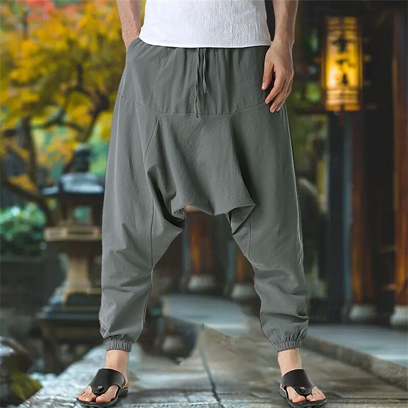 Men's Linen Pants Trousers Summer Pants Baggy Harem Pants Pocket Drawstring Elastic Waist Plain Comfort Breathable Full Length Outdoor Yoga Gym Fashion Retro Vintage Black Navy Blue