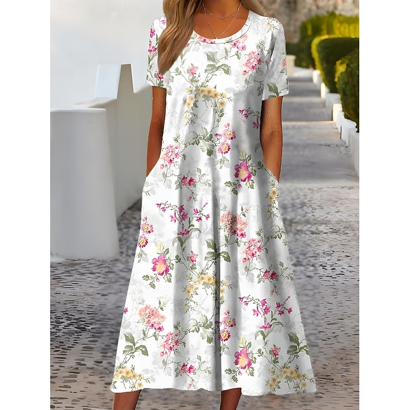 Women's Midi Dress T Shirt Dress Tee Dress Shift Dress Summer Dress Formal Vacation Daily Regular Fit Floral Short Sleeve Crew Neck White Light Green Pink Blue Summer Spring