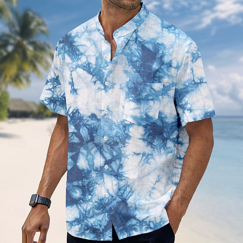 Men's Tie Dye Print Shirt Stand Collar Shirt Short Sleeve Fashion Casual Vacation Holiday Beach Wear Summer Spring Mandarin Collar Band Collar Grandad Collar Button Up 3D Print Linen Like Shirt Red