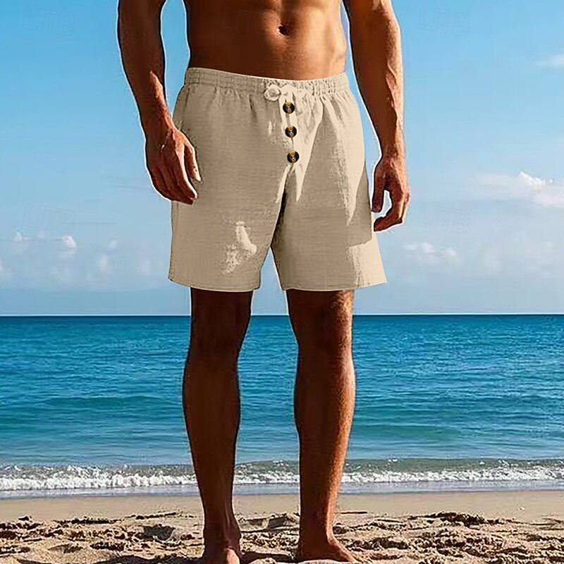 Men's Shorts Linen Shorts Summer Shorts Beach Shorts Pocket Drawstring Elastic Waist Plain Comfort Breathable Knee Length Outdoor Daily Holiday Fashion Hawaiian Dark Khaki Light Khaki3