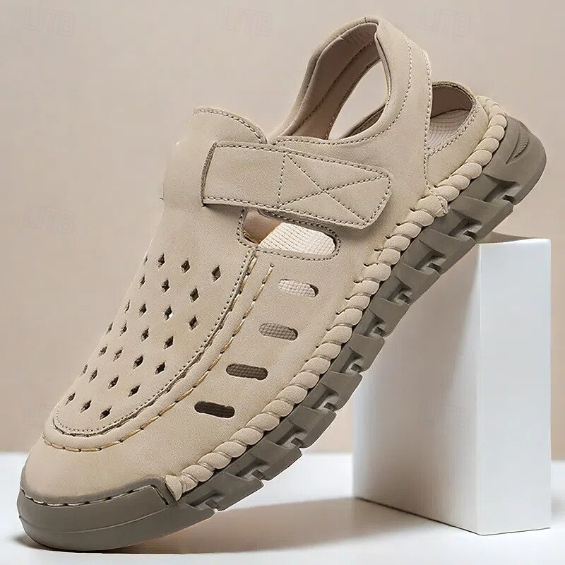 Men's Beige Slip-On Sandals with Perforated Design and Cushioned Sole for Casual Walks and Beachwear