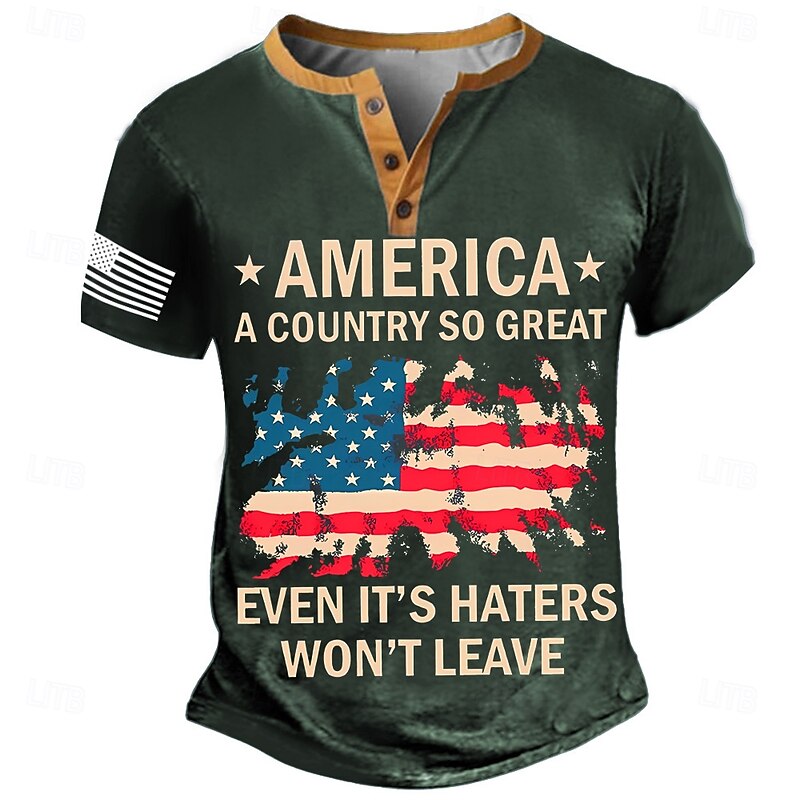 Men's American US Flag T Shirt Henley Shirt Short Sleeve Designer Retro Vintage Street Casual Daily Summer Spring Army Green Black Navy Blue Henley Henley T-Shirt