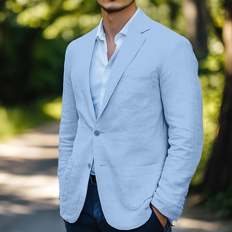 Men's Linen Blazer Sport Coat Wedding Casual Daily Fashion All Seasons Cotton Linen Solid Colored Basic Single Breasted Two-button Blazer White Sky Blue Beige2