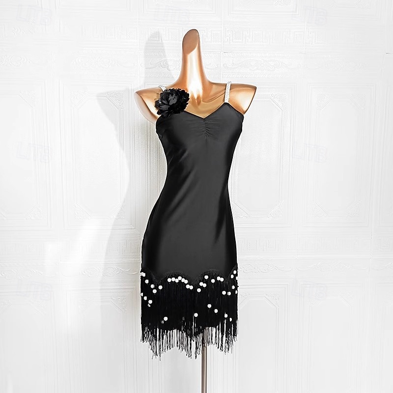 Latin Dance Dress Beading Tassel Pure Color Women's Performance Training Sleeveless Spandex