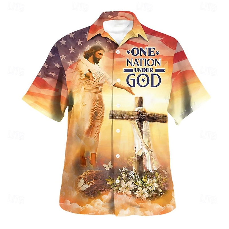 Easter Men's Templar Cross Jesus Shirt Casual Shirt Button Up Shirt Short Sleeve Vintage Retro Vacation Holiday Festival Summer Spring Turndown 3D Print Collared Shirts Yellow