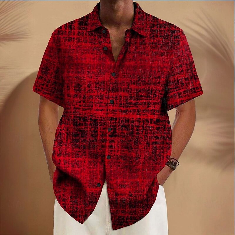 Men's Geometric Grid / Plaid Patterns Shirt Button Up Shirt Short Sleeve Fashion Casual Vacation Casual Holiday Summer Spring Turndown Collared Shirts Red