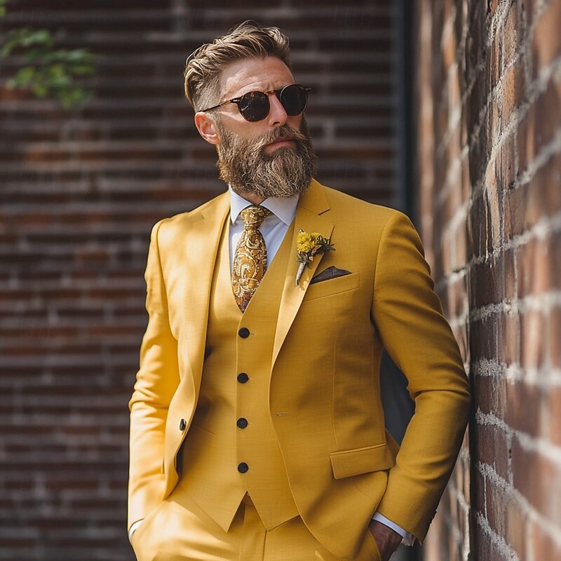 Men's Business Casual Suits Notch Lapel Yellow Formal Solid Colored Standard Fit 3 Piece Single Breasted One-button