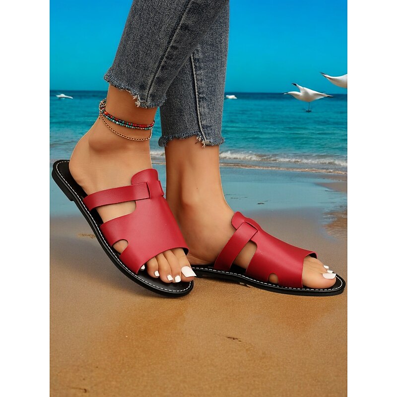 Women's Red Slip-On Sandals – Stylish Open-Toe Flat Sandals for Summer Beachwear, Casual Walks, and Vacation Outfits4
