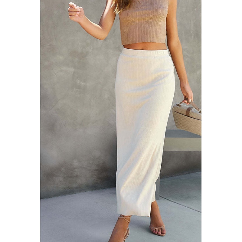 Women's Skirt Bodycon Casual Midi Mid Rise Skirts Plain Split Ends Micro-elastic Street Going out Black White Camel Summer Polyester2