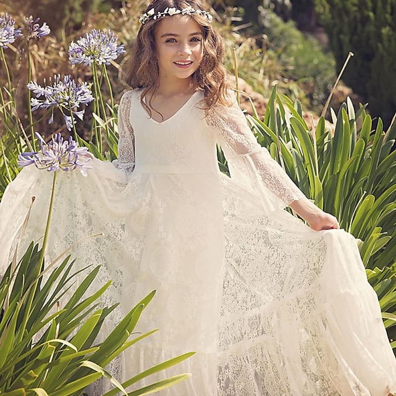 Flower Girl Dress Kid's Girls' Lace Dress Formal Dress Princess Dress First Communion Dress Performance Wedding Party Elegant Beautiful Mesh Solid Color Long Sleeve V Neck Beige 4 years+3