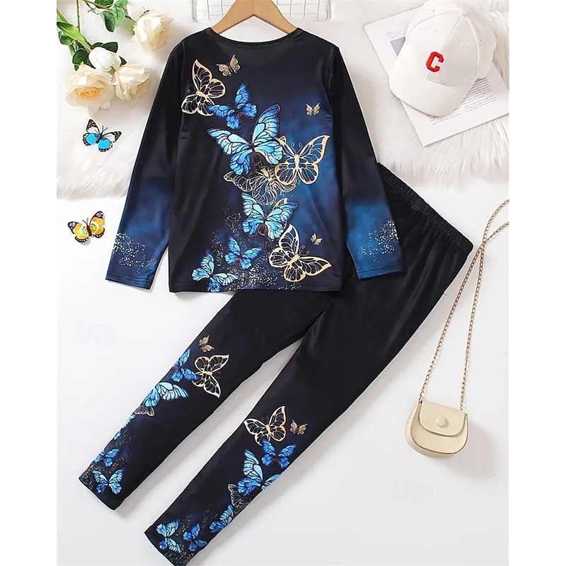 Girls' 3D Butterfly Pajama Sets Tee & Pants Pajama Sets Long Sleeve 3D Print Fall Winter Daily Basic Kids 4 years+ Crew Neck Home Daily Regular Fit2
