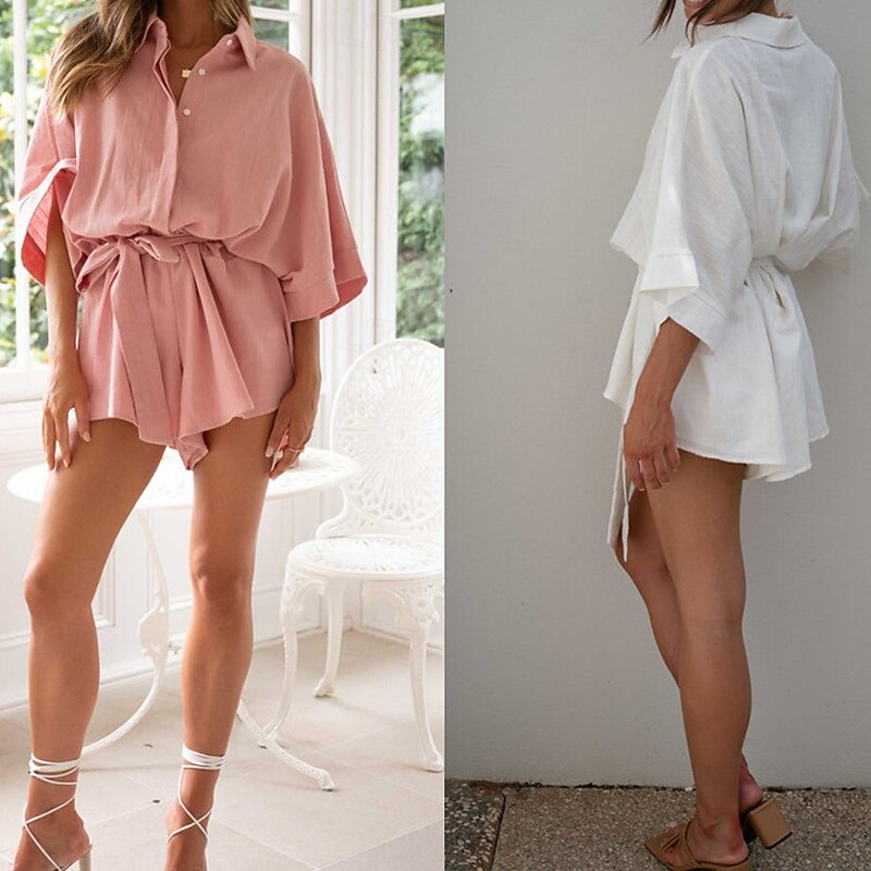 Women's Normal Linen-Inspired Sets Streetwear Solid Color Half Sleeve Shirt Collar Buttons Going out Weekend Regular Fit White Pink Summer