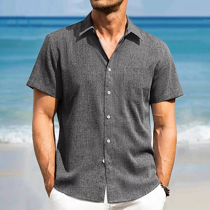 Men's Linen Shirt Summer Shirt Beach Shirt Short Sleeve Fashion Casual Vacation Holiday Beach Wear Summer Spring Collar Collared Shirts Front One Pocket Dark Navy Blue Green Gray