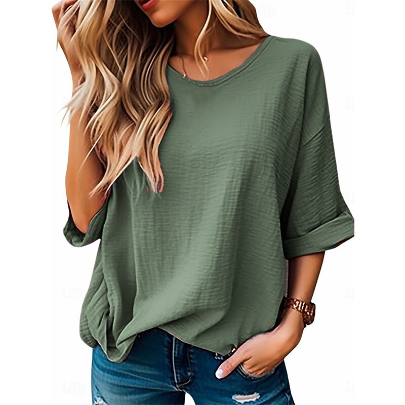Women's Blouse Solid Color Elegant Daily Stylish Half Sleeve Crew Neck Regular Tops Daily Linen Like Blue Purple Orange Green Summer Spring4