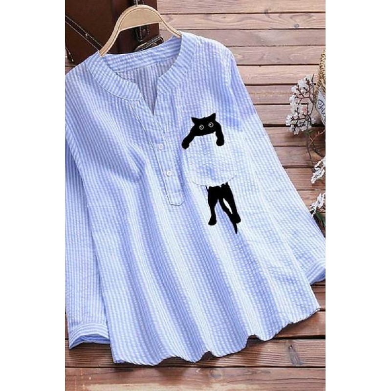 Women's Shirt Blouse Cotton Linen Shirts Striped Basic Modern Long Sleeve V Neck Regular Tops Daily Holiday Going out Buttons Pocket Black Pink Light Blue Summer