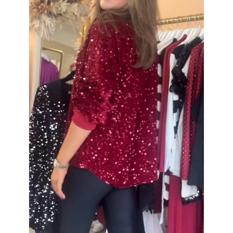 Women's Shirt Blouse Plain Stylish Modern Long Sleeve Shirt Collar Regular Tops Daily Sequins Buttons Pocket Black Yellow Red Blue Purple Summer3