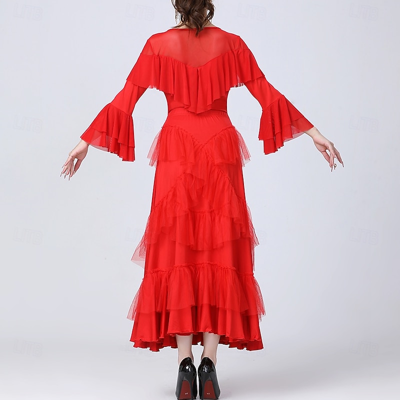 Latin Dance Skirts Pure Color Splicing Tulle Women's Performance Training Long Sleeve High Polyester2