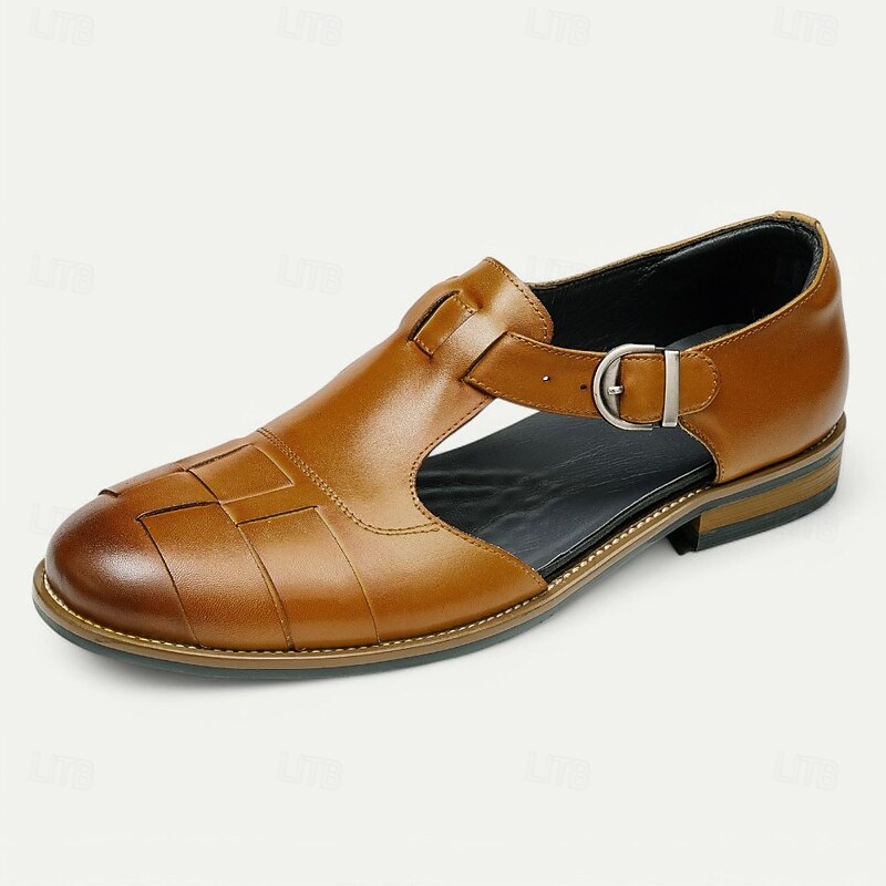Men's Elegant Brown Leather Loafers with Woven Design - Ideal for Office and Social Events3