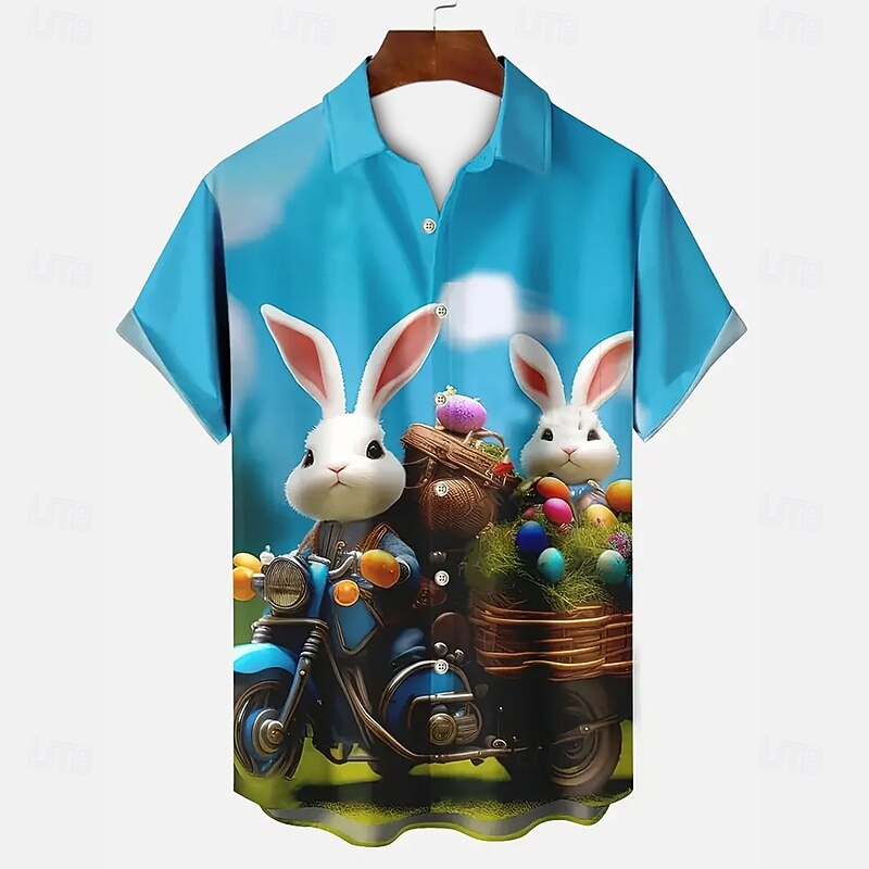 Easter Men's Bunny Easter Egg Shirt Casual Shirt Button Up Shirt Short Sleeve Army Militray Vacation Holiday Festival Summer Spring Turndown 3D Print Collared Shirts Blue