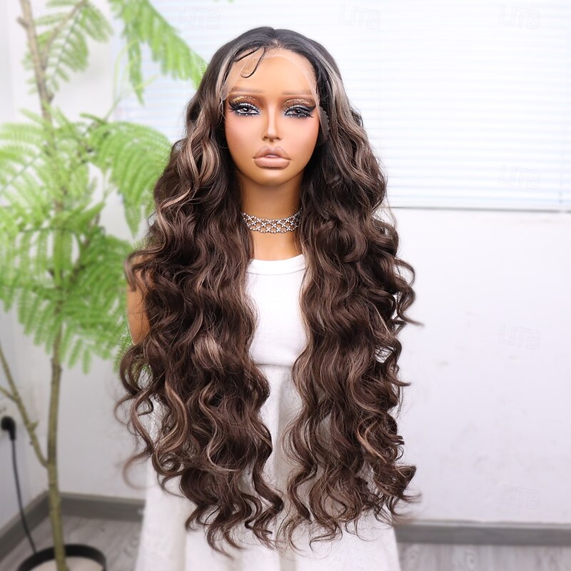 Synthetic Lace Wig Body Wave Style 30 inch Mixed Color Middle Part 13x4 Lace Front Wig Women's Wig Dark Brown / Light Brown3