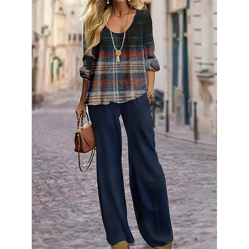 Women's 2 Pieces Basic Neon & Bright Shirt Blouse 3/4 Length Sleeve V Neck Ombre Geometric Print Casual Dark Navy Summer Regular Fit