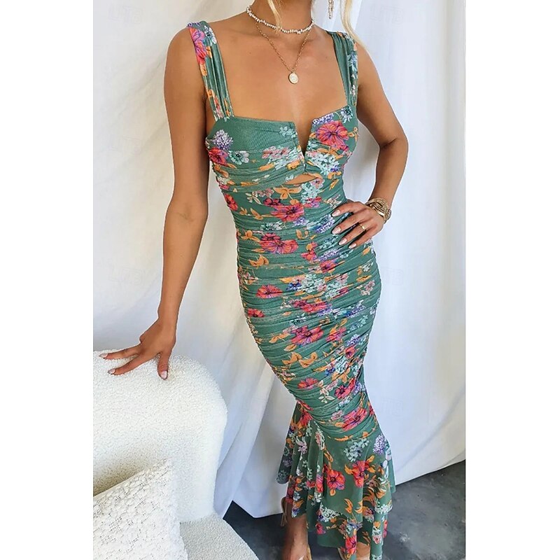 Women's Midi Dress Slip Dress Print Dress Ruched Dress Fashion Vacation Going out Weekend Regular Fit Flower Sleeveless Spaghetti Strap Black White Green Summer3