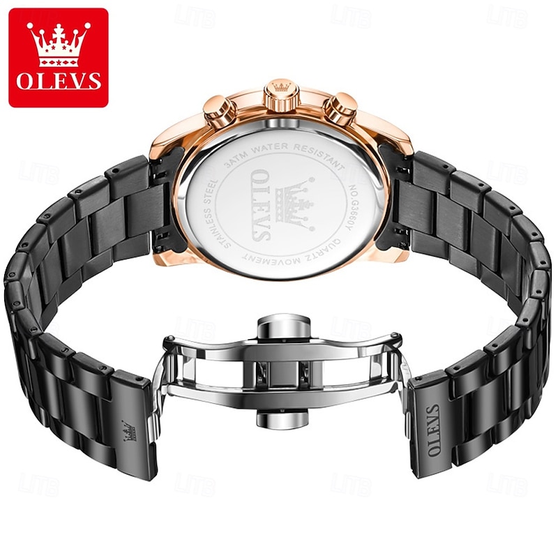 OLEVS 3660 Man Watch Multifunction Black Quartz Watch for Men Waterproof Chronograph Moon Phase Original Men's Wrist Watches3