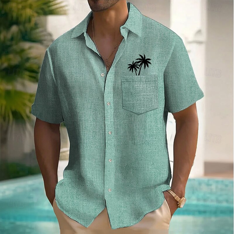 Men's Coconut Tree Linen Shirt Summer Shirt Button Up Shirt Short Sleeve Fashion Casual Vacation Holiday Beach Wear Summer Spring Turndown Collared Shirts Front One Pocket Blue Green2