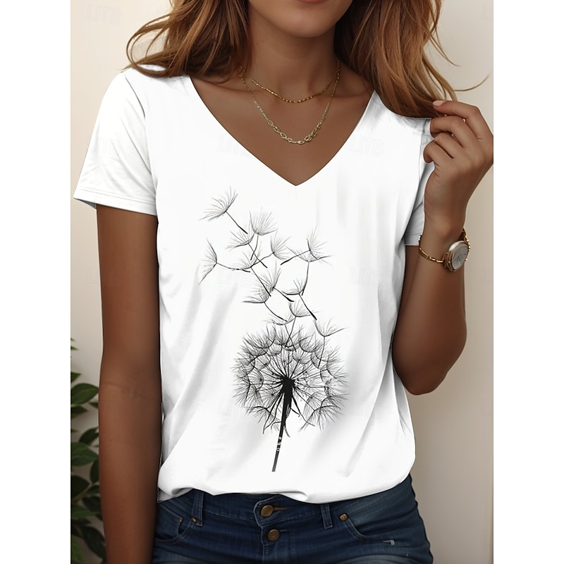 Women's T Shirt Floral Graphic Plants Casual Short Sleeve V Neck Regular Tops Daily Going out Weekend Print White / Black White Pink off-white Summer Spring