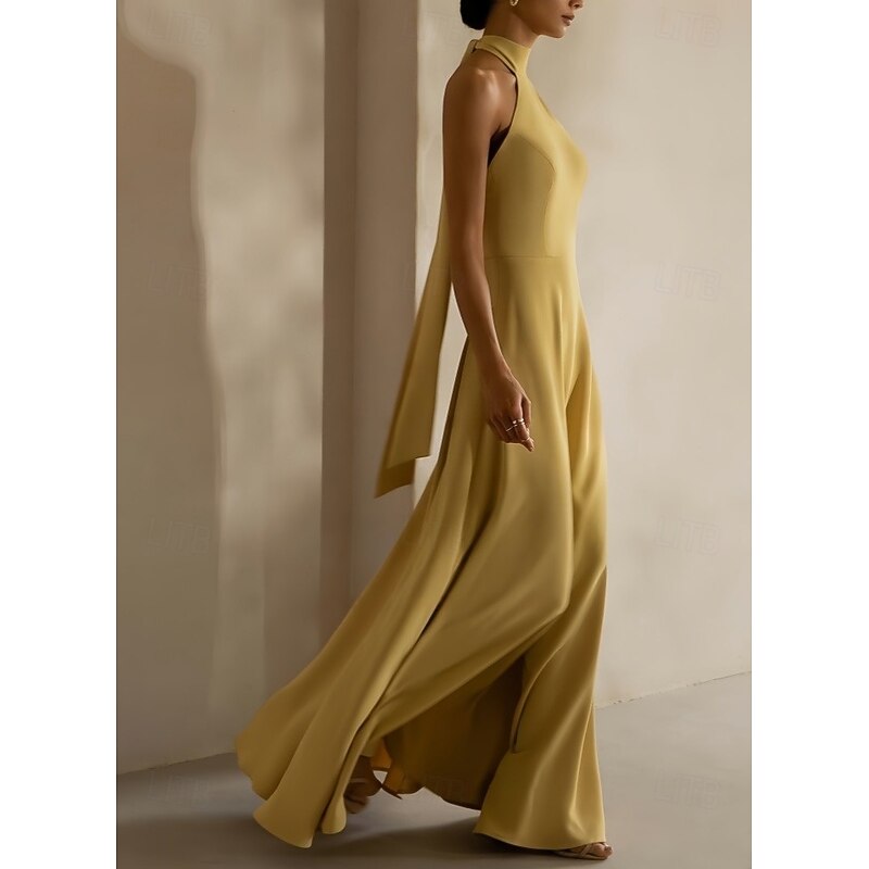 A-Line Evening Gown Elegant Dress Formal Evening Party Floor Length Sleeveless Halter Neck Italy Satin Backless with Strappy4