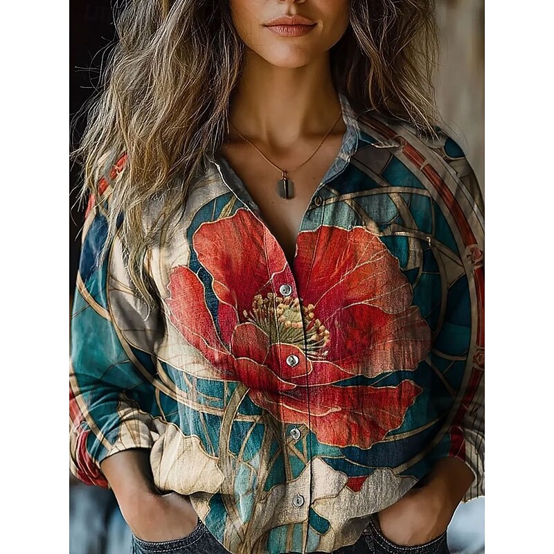 Women's Shirt Button Down Tunic Shirt Collar Long Sleeve Floral Graphic Casual Regular Tops Work Daily s Print Black Yellow Pink Blue Green Spring Fall Winter3