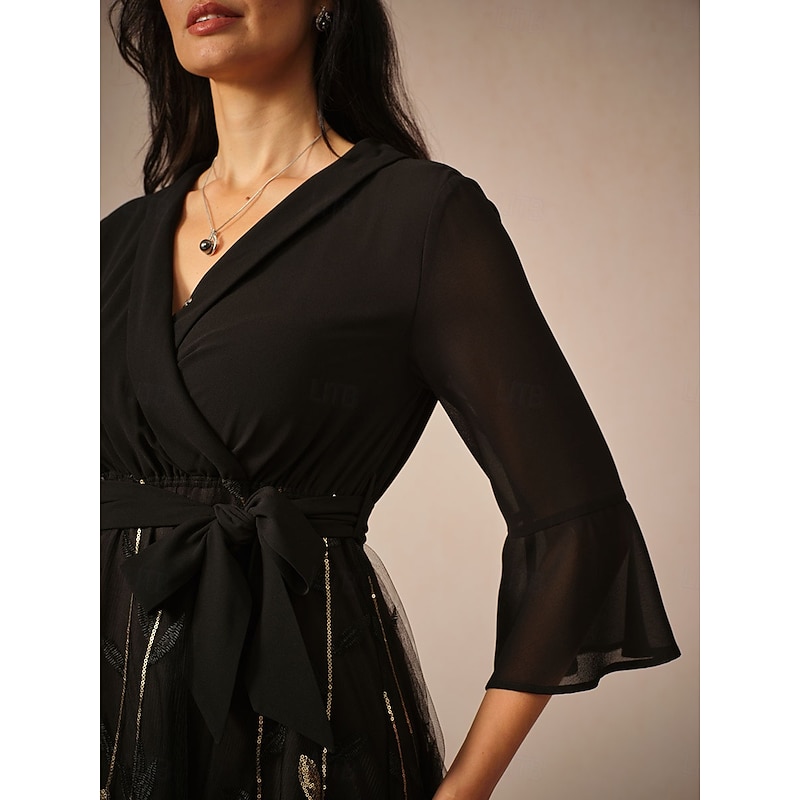 Women's Midi Dress V-Neck Long Sleeve Sheer Gold Branch Pattern Belted Elegant Party Evening Black Gold Full Size3