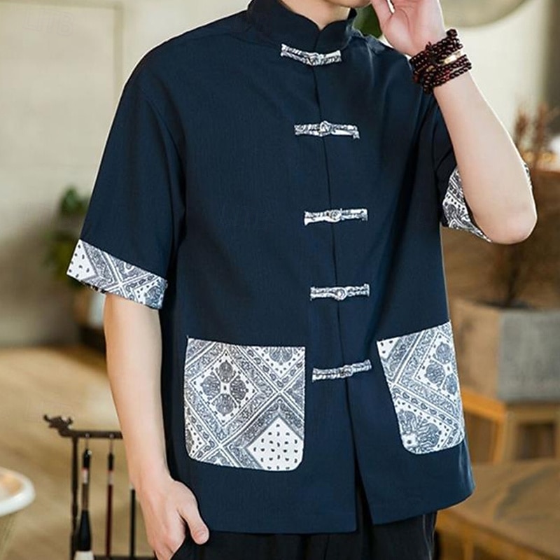 Men's Shirt Linen Shirt Casual Shirt Button Up Shirt Cotton Shirt Bandana Print Vacation Hawaiian Red Navy Blue Khaki Half Sleeve Band Collar Summer Spring Clothing Apparel Patchwork4
