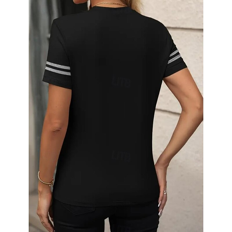 Women's T Shirt Striped Casual Short Sleeve Round Neck Regular Tops Daily Going out Weekend Print Black White Summer3