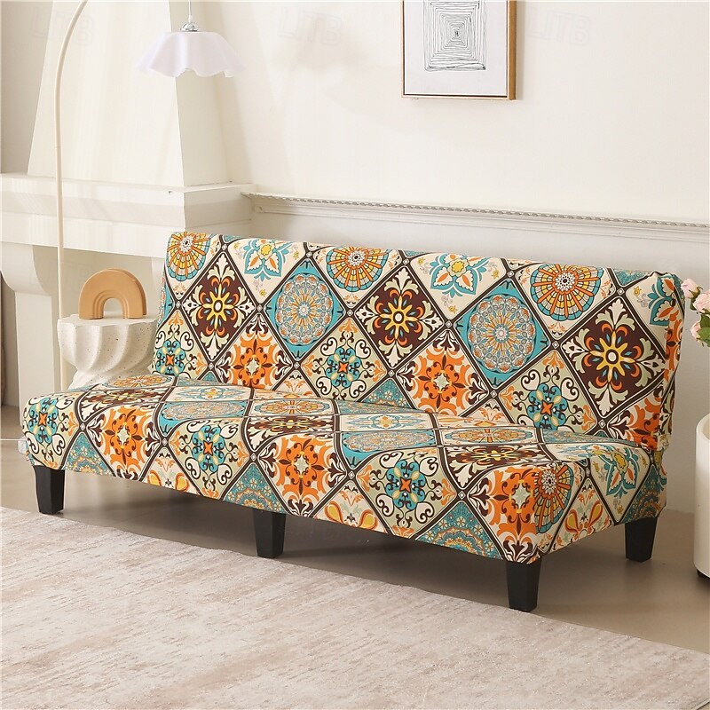 Jacquard Fabric Armless Sofa Bed Cover Sofa New Year Decor Slipcovers Stretch Protector Elastic Bench Cover