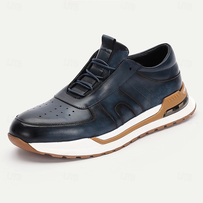 Men's Navy Blue Leather Sneakers – Stylish Lace-Up Casual Dress Shoes with Brogue Detailing for Daily Wear2