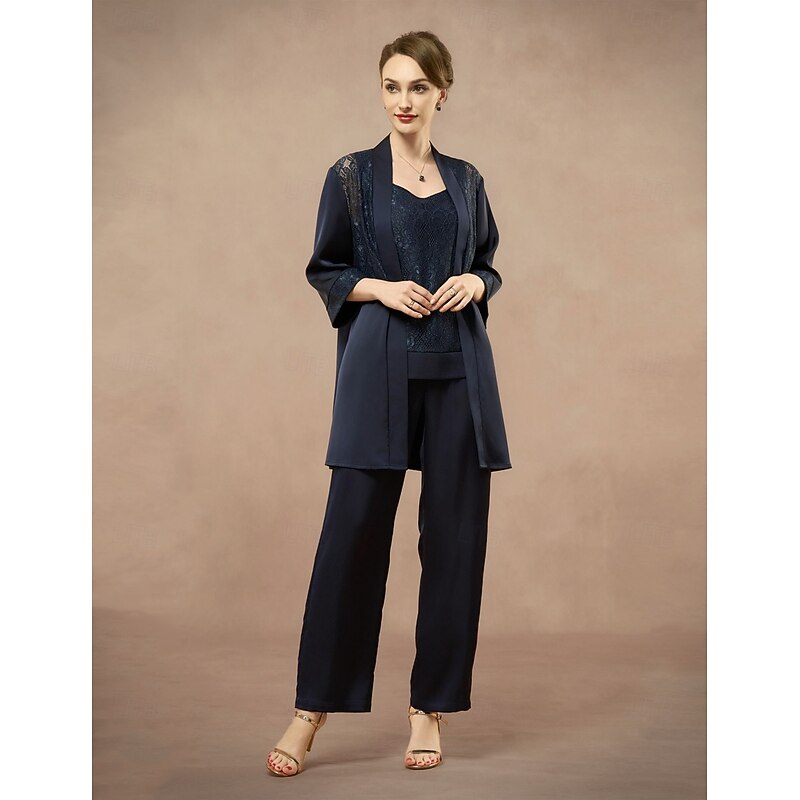 3 Piece Mother of the Bride Pantsuit Metalic Floral Lace Applique Elegant Minimalist V Neck Ankle Length Lace 3/4 Length Sleeve Jacket20254