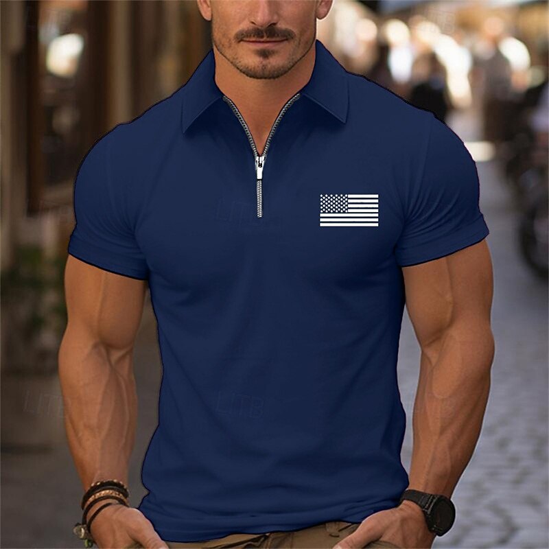 Men's Quarter Zip Polo Golf Shirt Daily Holiday Lapel Short Sleeve Fashion Basic National Flag Print Summer Spring Regular Fit Black White Pink Navy Blue Light Sky Blue Quarter Zip Polo3