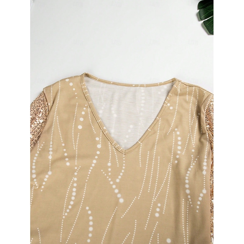 Women's Shirt Blouse Metallic Basic Sparkly Print Long Sleeve Regular Tops V Neck Party New Year Yellow Gray Spring Fall3
