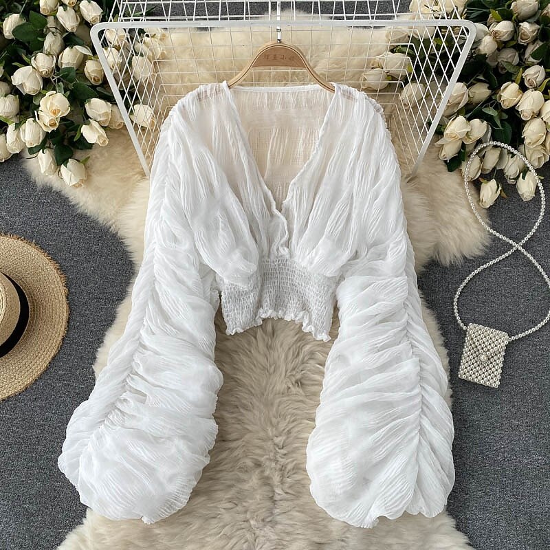 Women's Blouse Chiffon Tops Plain Stylish Long Sleeve Puff Sleeve V Neck Crop Tops Holiday Going out Ruched Black White Purple Green Spring