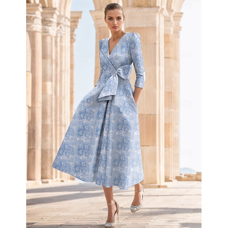 Jacquard A-Line Cocktail Dresses Elegant Dress Wedding Guest Church Ankle Length Half Sleeve V Neck Chiffon with Floral Bow(s) Wedding Guest Dress4