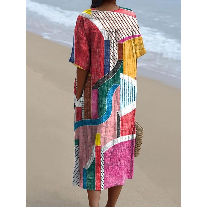 Women's Midi Dress Sundress A Line Dress Linen Vacation Casual Beach Going out Loose Fit Graphic Geometric Short Sleeve V Neck Pink Blue Khaki Summer4