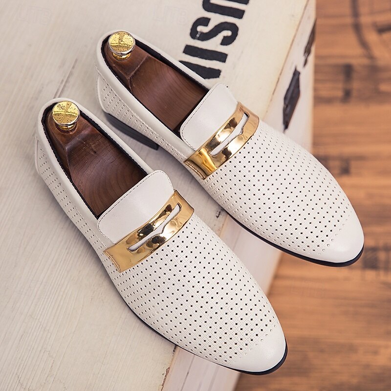 Men's Prom Shoes - Ivory Perforated Faux Leather Loafers with Gold Buckle Detail for Formal Occasions2