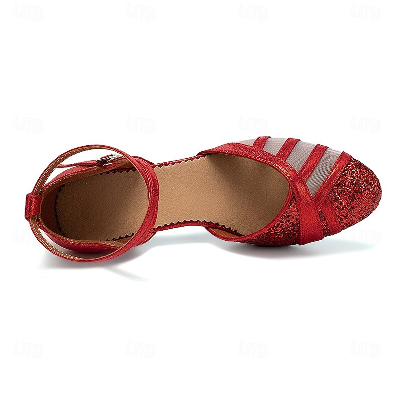 Women's Red Glitter Latin Dance Shoes – Strappy Mesh Ballroom Heels with Suede Sole for Salsa & Performance3