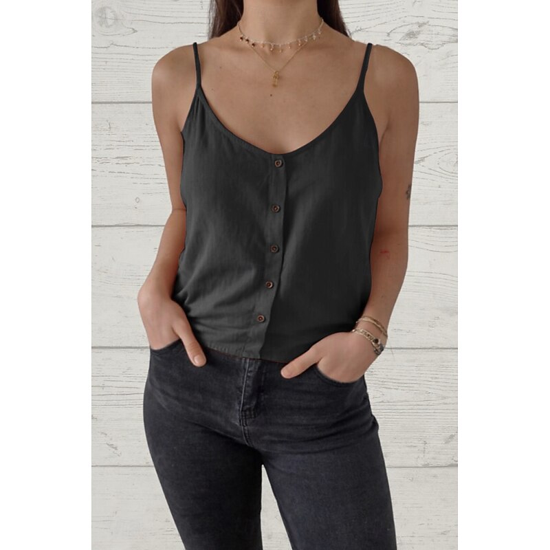 Women's Shirt Linen Shirt Cotton Linen Shirts Plain Daily Stylish Casual Sleeveless Strap Regular Tops Daily Going out Buttons Black White Brown Green Summer4